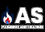 AS Plumbing and Heating logo with stylized flame icon in blue, white, and red colors